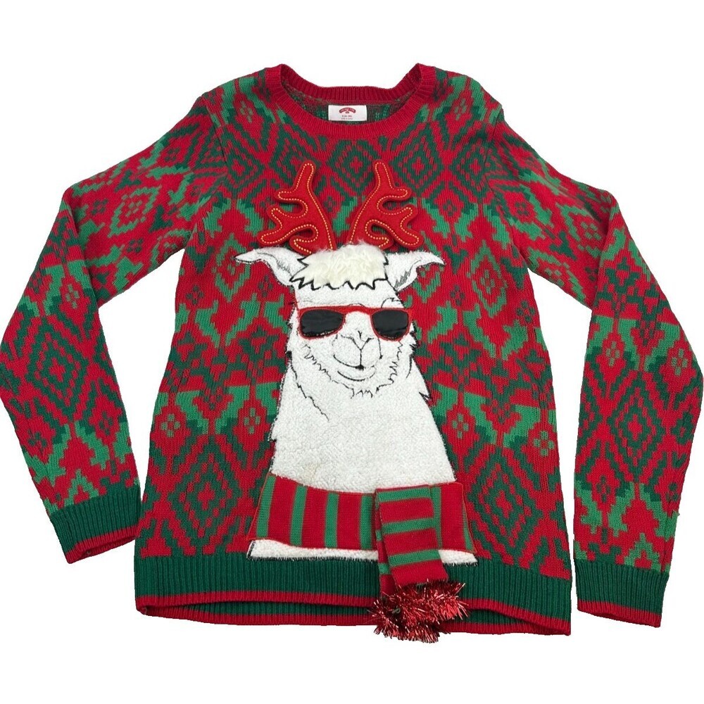 Holiday Time Christmas Sweater Llama Sunglasses AntlersScarf Red Green Men Small